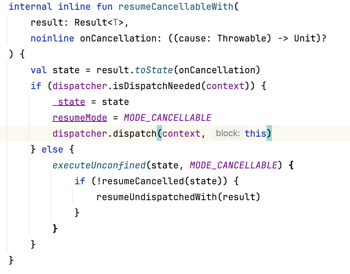 DispatchedContinuation的resumeCancellableWith方法